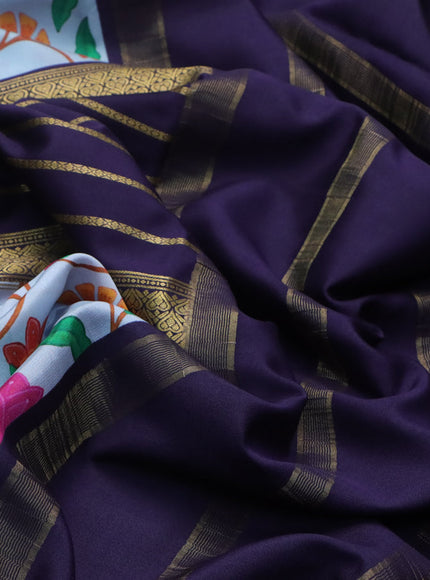 Pure mysore silk saree dark blue and pastel blue with allover zari weaves and long floral digital printed zari border