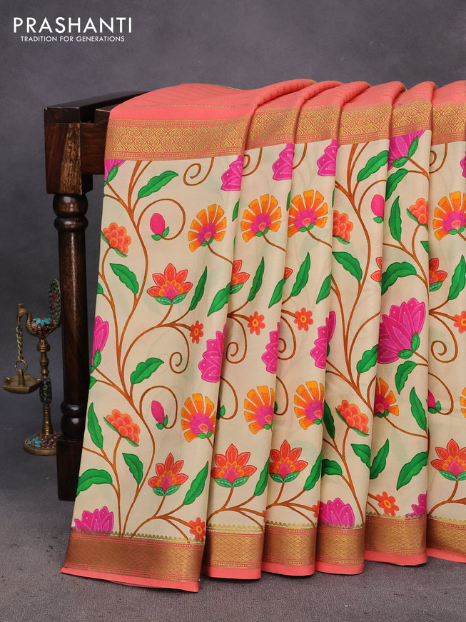 Pure mysore silk saree peach shade and cream with allover zari weaves and long floral digital printed zari border