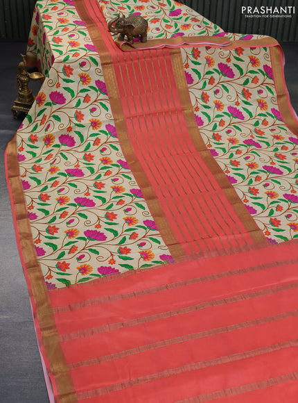 Pure mysore silk saree peach shade and cream with allover zari weaves and long floral digital printed zari border