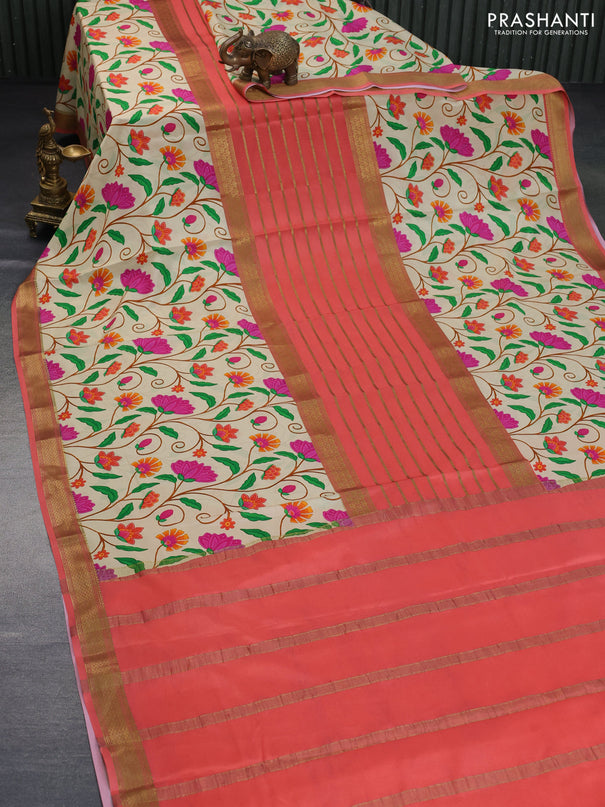 Pure mysore silk saree peach shade and cream with allover zari weaves and long floral digital printed zari border