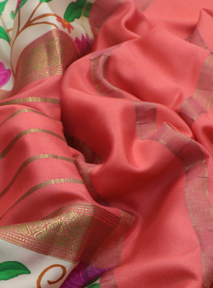 Pure mysore silk saree peach shade and cream with allover zari weaves and long floral digital printed zari border