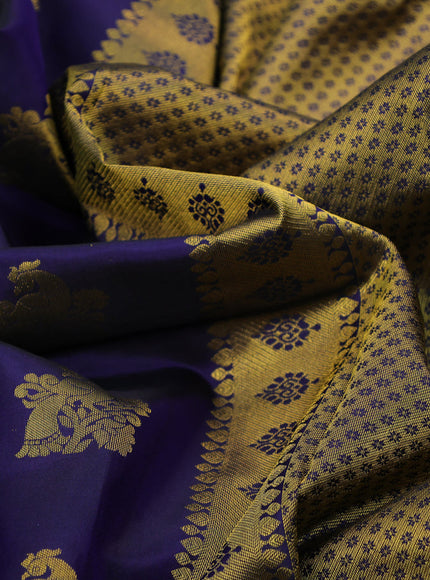 Pure kanchipuram silk saree dark blue with peacock zari woven buttas and zari woven border