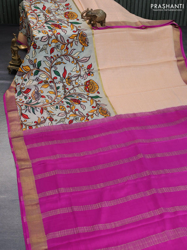 Pure mysore silk saree mild peach orange and pastel green magenta pink with allover zari checked pattern and long kalamkari prints zari border