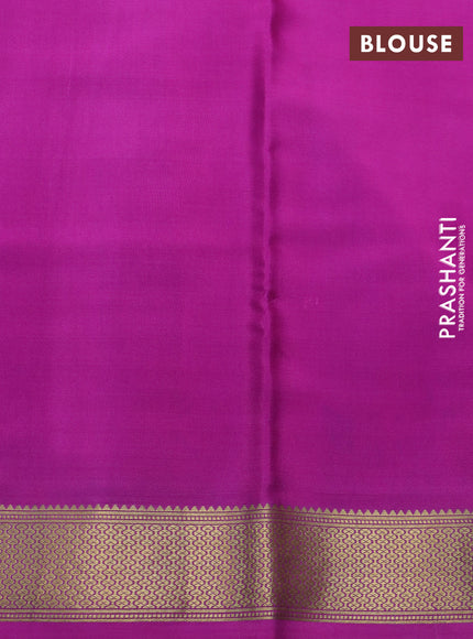 Pure mysore silk saree mild peach orange and pastel green magenta pink with allover zari checked pattern and long kalamkari prints zari border