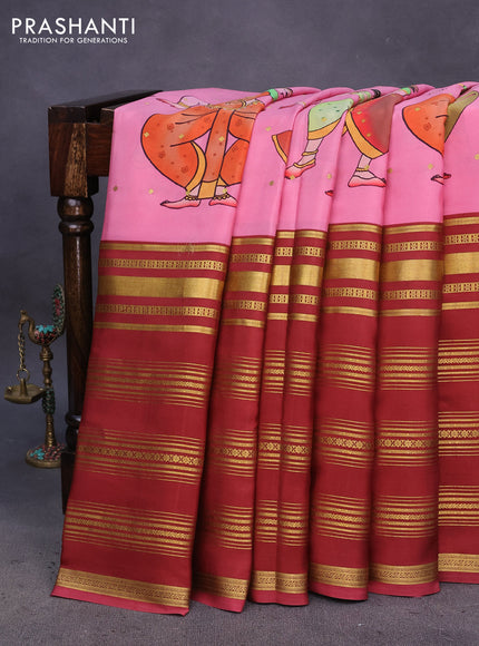 Pure mysore silk saree peach pink and maroon shade with zari woven buttas & digital prints and long zari woven border