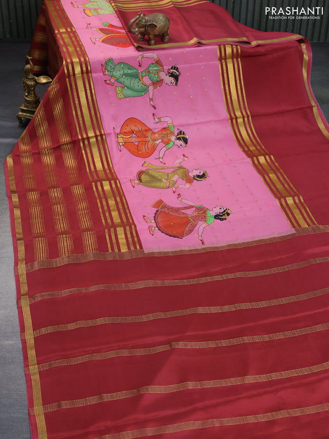 Pure mysore silk saree peach pink and maroon shade with zari woven buttas & digital prints and long zari woven border