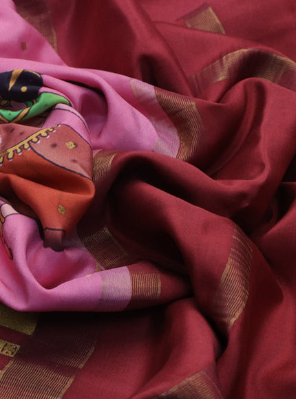 Pure mysore silk saree peach pink and maroon shade with zari woven buttas & digital prints and long zari woven border