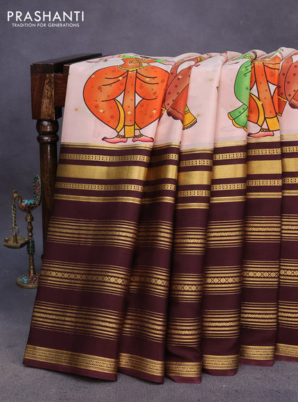 Pure mysore silk saree mild peach orange and coffee brown with zari woven buttas & digital prints and long zari woven border