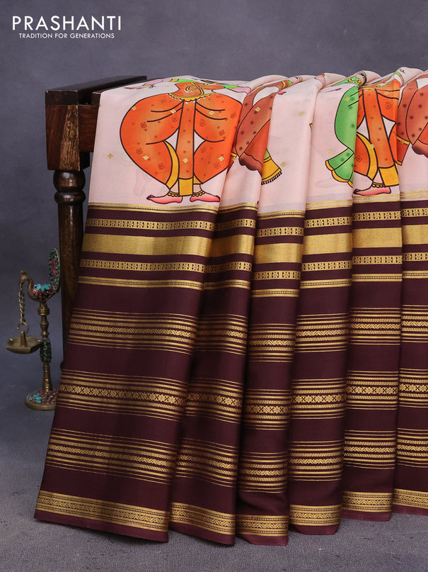 Pure mysore silk saree mild peach orange and coffee brown with zari woven buttas & digital prints and long zari woven border