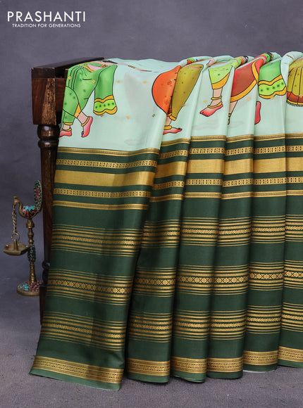 Pure mysore silk saree pastel green and sap green with zari woven buttas & digital prints and long zari woven border