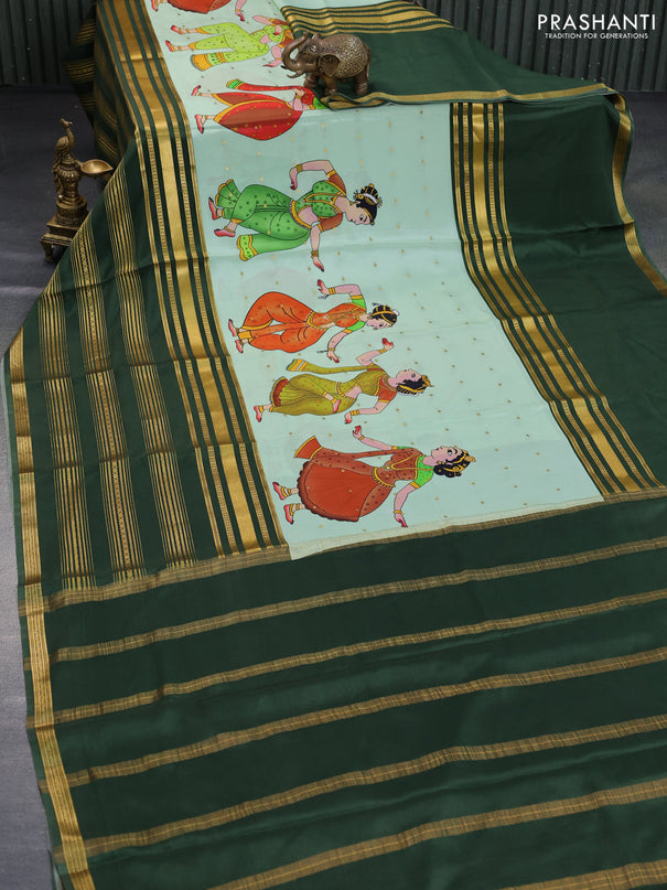 Pure mysore silk saree pastel green and sap green with zari woven buttas & digital prints and long zari woven border