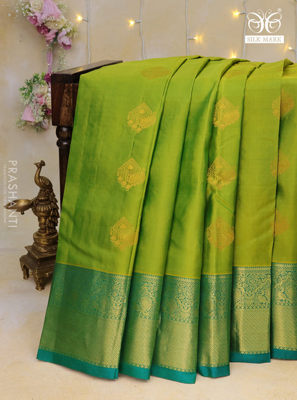 Pure kanchipuram silk saree light green and teal green with zari woven buttas and zari woven border