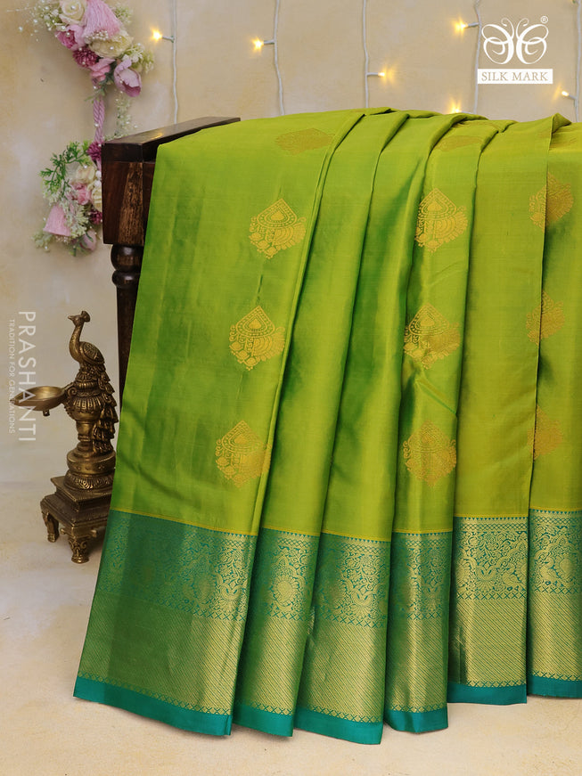 Pure kanchipuram silk saree light green and teal green with zari woven buttas and zari woven border