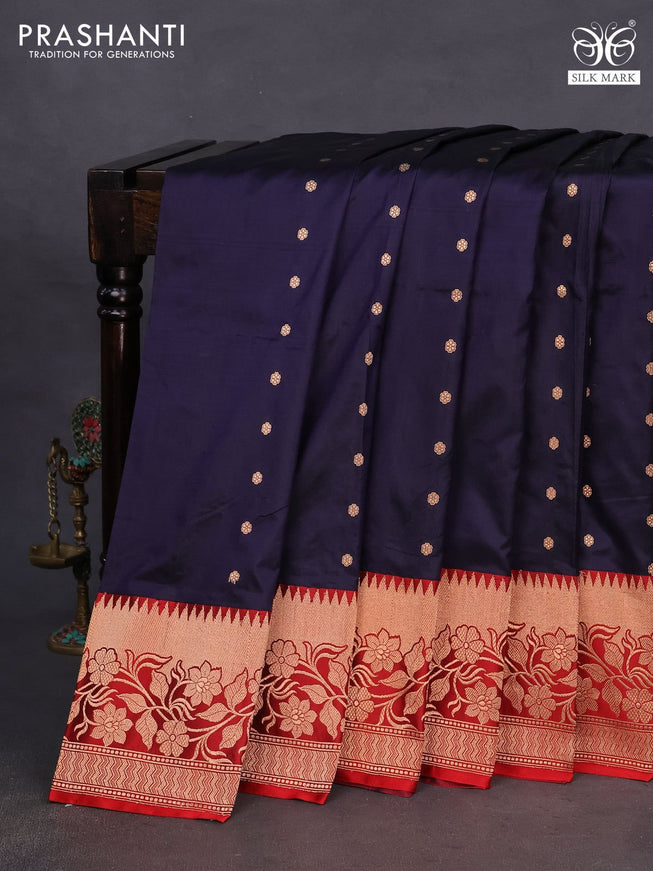 Banarasi katan silk saree navy blue and red with zari woven floral buttas and zari woven border