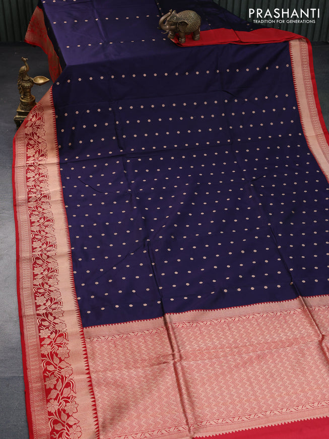 Banarasi katan silk saree navy blue and red with zari woven floral buttas and zari woven border