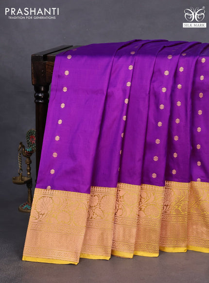 Banarasi katan silk saree purple and yellow with zari woven floral buttas and zari woven border