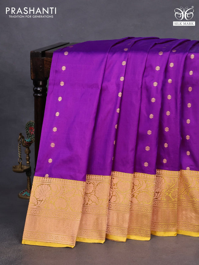 Banarasi katan silk saree purple and yellow with zari woven floral buttas and zari woven border