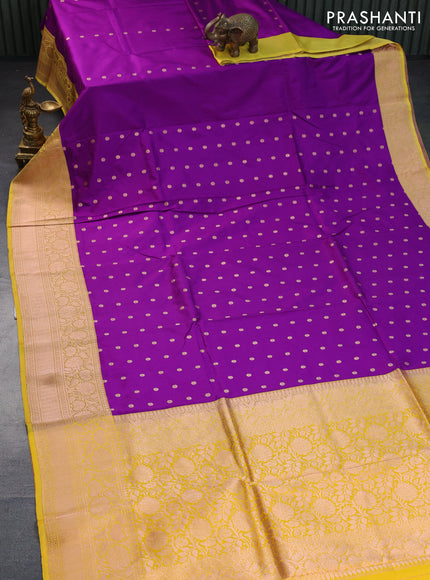 Banarasi katan silk saree purple and yellow with zari woven floral buttas and zari woven border