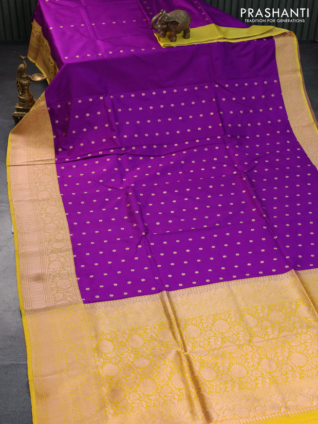 Banarasi katan silk saree purple and yellow with zari woven floral buttas and zari woven border