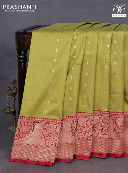 Banarasi katan silk saree mehendi green and maroon with copper zari woven floral buttas and zari woven border