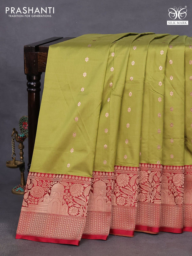 Banarasi katan silk saree mehendi green and maroon with copper zari woven floral buttas and zari woven border