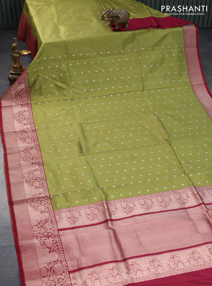 Banarasi katan silk saree mehendi green and maroon with copper zari woven floral buttas and zari woven border