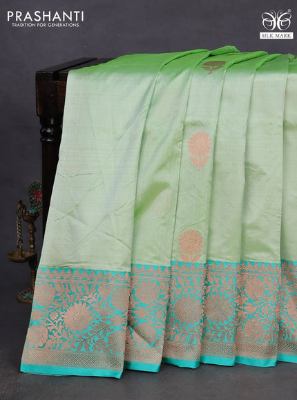 Banarasi katan silk saree pista green and teal green with copper zari woven floral buttas and zari woven border