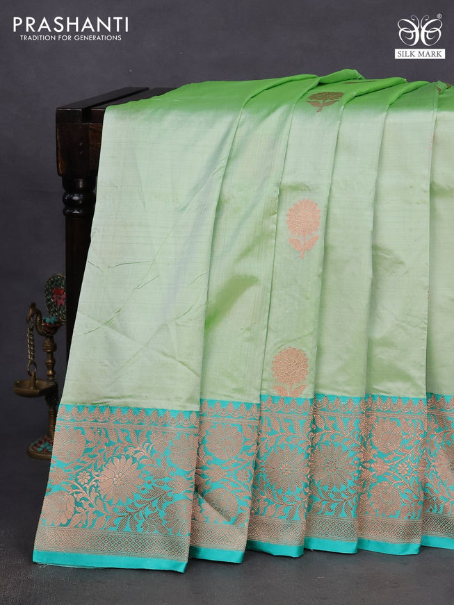 Banarasi katan silk saree pista green and teal green with copper zari woven floral buttas and zari woven border