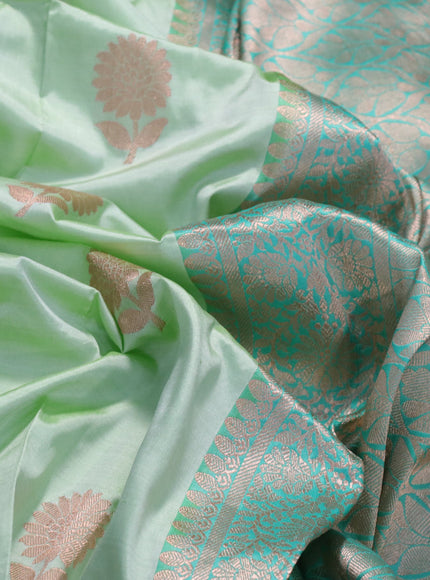 Banarasi katan silk saree pista green and teal green with copper zari woven floral buttas and zari woven border