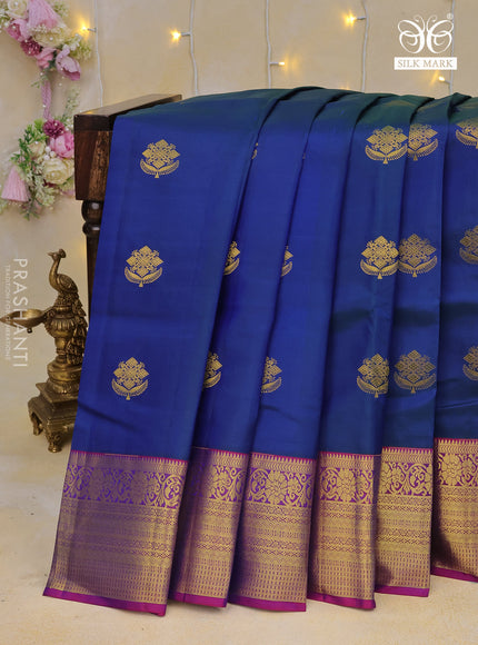 Pure kanchipuram silk saree dual shade of blue and purple with zari woven buttas and zari woven border