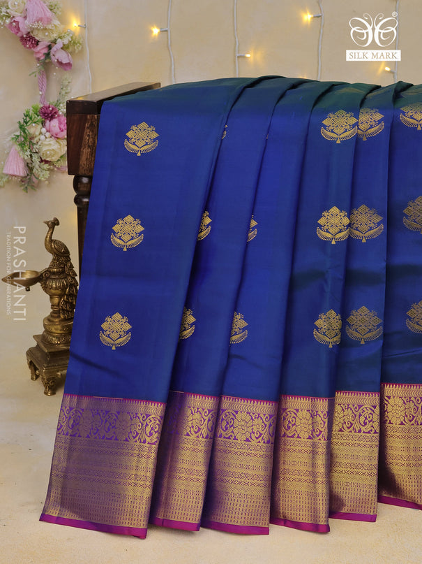 Pure kanchipuram silk saree dual shade of blue and purple with zari woven buttas and zari woven border