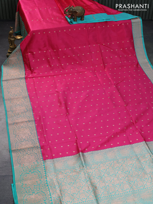 Banarasi katan silk saree pink and teal green with zari woven floral buttas and zari woven border