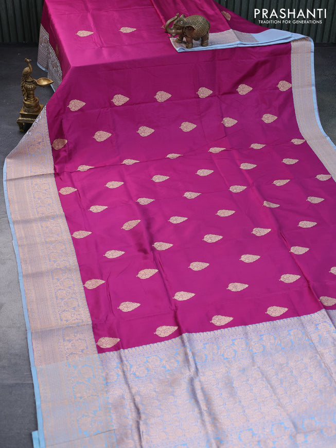 Banarasi katan silk saree dark magenta pink and grey with zari woven buttas and zari woven border