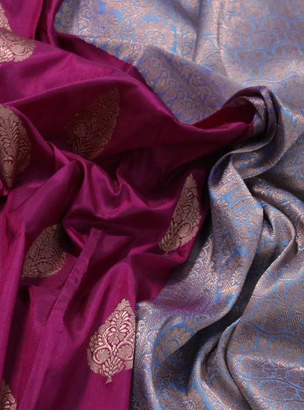 Banarasi katan silk saree dark magenta pink and grey with zari woven buttas and zari woven border