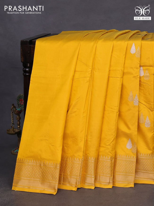 Banarasi katan silk saree mango yellow with silver & gold zari woven buttas and zari woven border