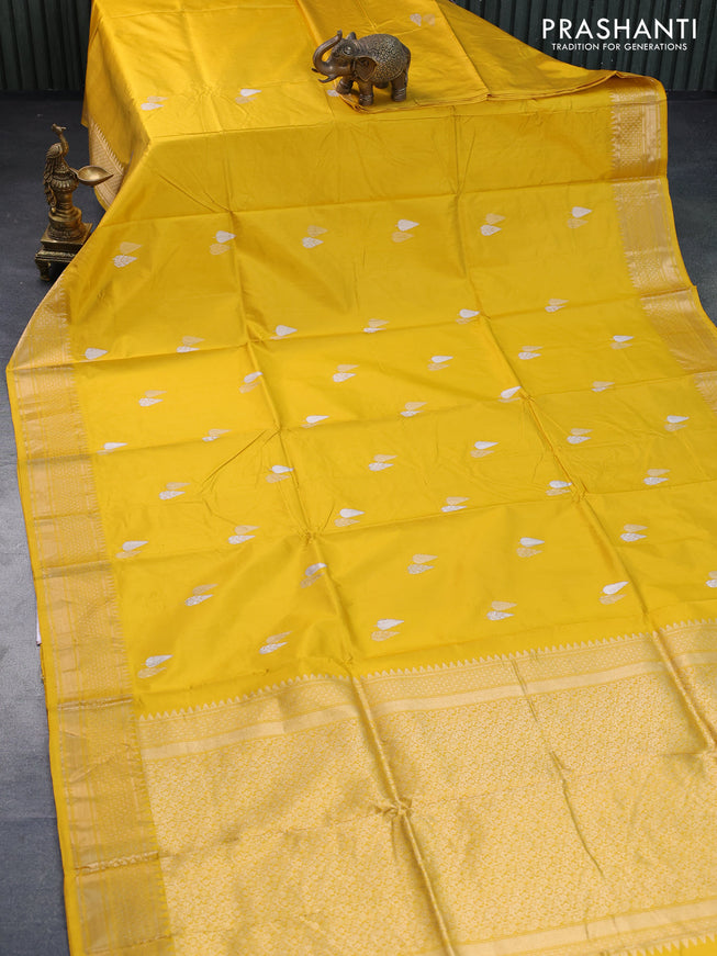 Banarasi katan silk saree mango yellow with silver & gold zari woven buttas and zari woven border