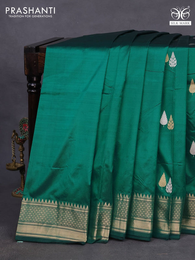 Banarasi katan silk saree green with silver & gold zari woven buttas and zari woven border