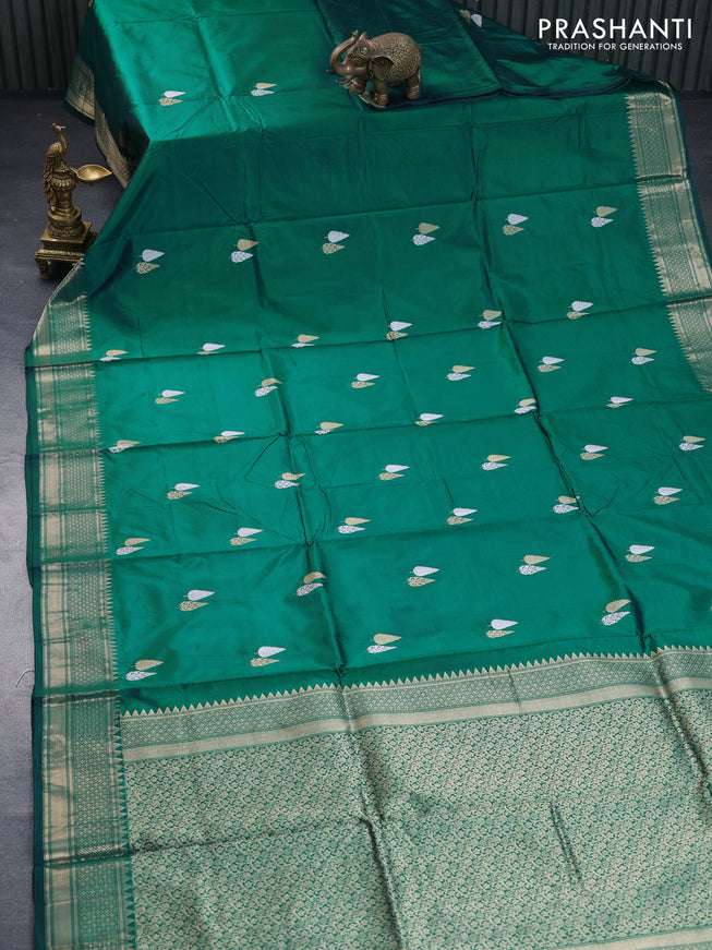 Banarasi katan silk saree green with silver & gold zari woven buttas and zari woven border