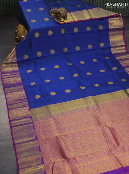 Pure kanchipuram silk saree dual shade of blue and purple with zari woven buttas and zari woven border