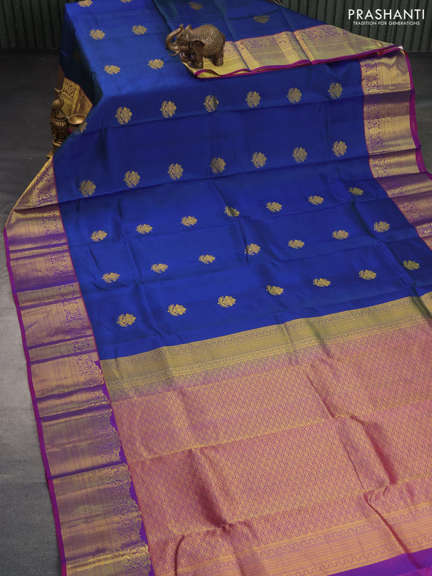 Pure kanchipuram silk saree dual shade of blue and purple with zari woven buttas and zari woven border