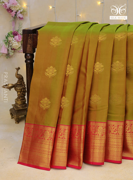 Pure kanchipuram silk saree mehedi green and pink with zari woven buttas and zari woven border