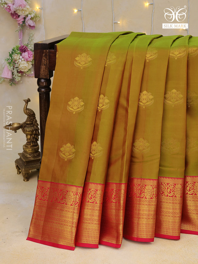 Pure kanchipuram silk saree mehedi green and pink with zari woven buttas and zari woven border