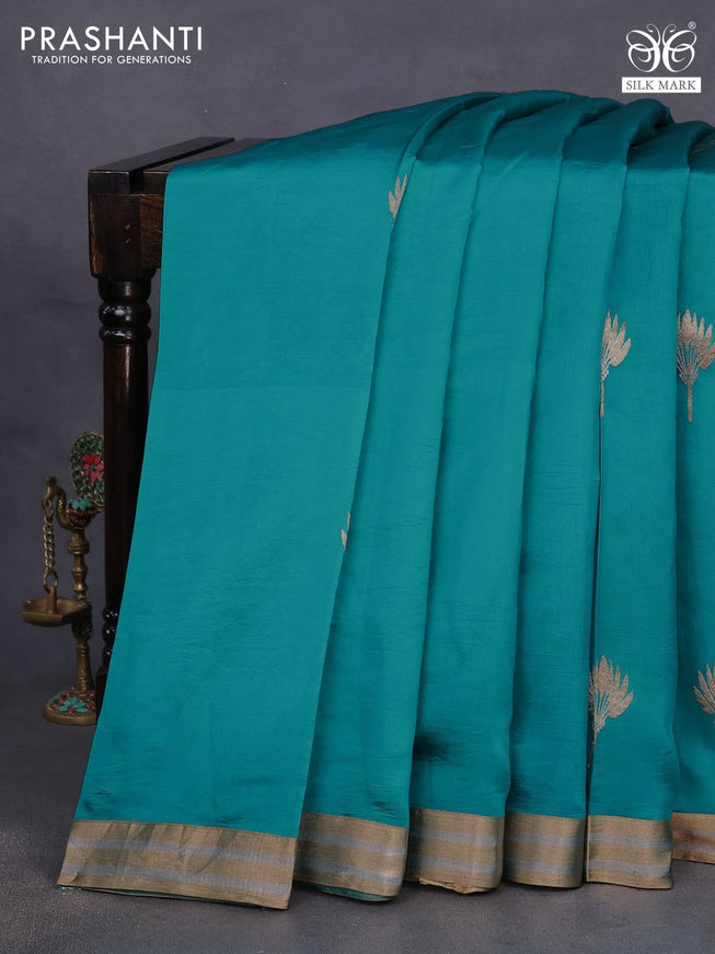 Banarasi katan silk saree teal blue with zari woven floral buttas and zari woven border