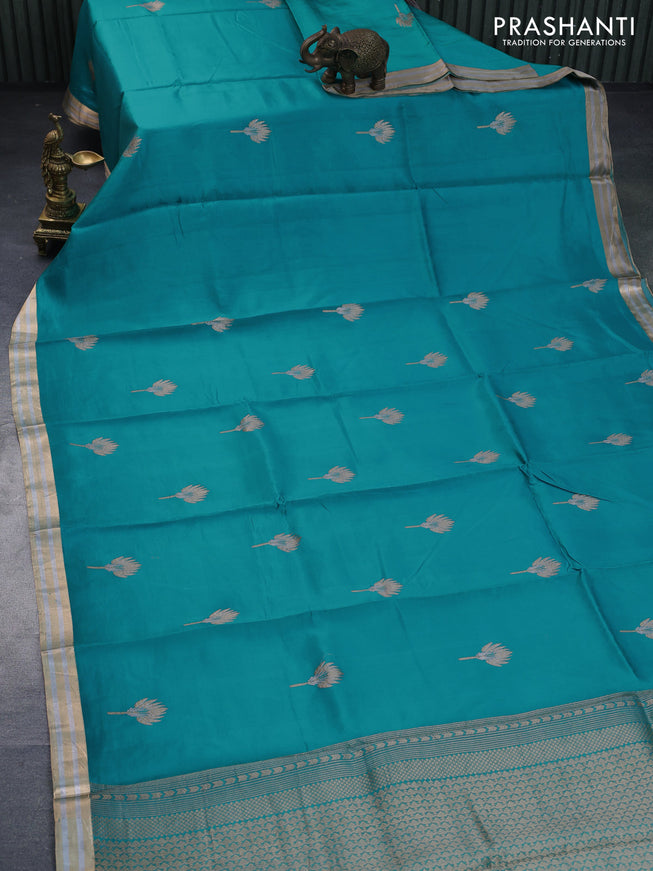 Banarasi katan silk saree teal blue with zari woven floral buttas and zari woven border