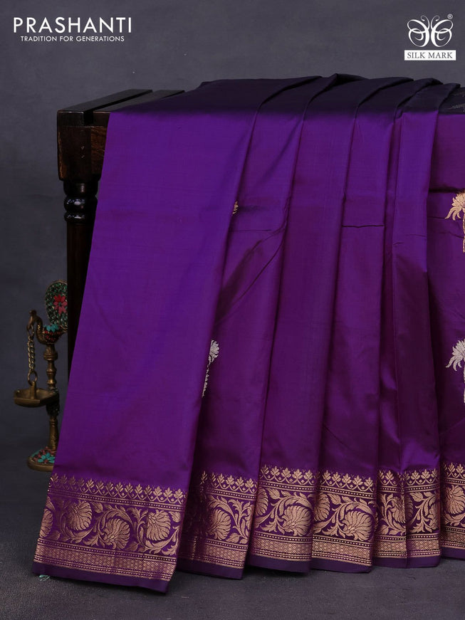 Banarasi katan silk saree deep purple with zari woven floral buttas and zari woven border