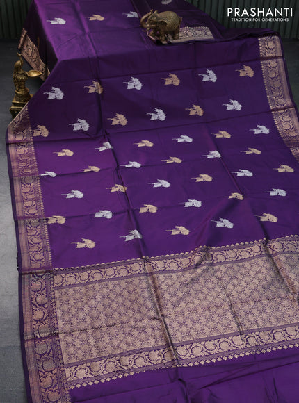 Banarasi katan silk saree deep purple with zari woven floral buttas and zari woven border