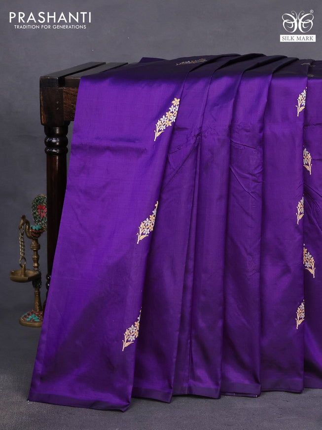 Banarasi katan silk saree violet with zari woven buttas in borderless style