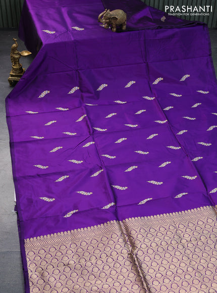 Banarasi katan silk saree violet with zari woven buttas in borderless style