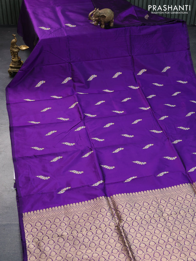 Banarasi katan silk saree violet with zari woven buttas in borderless style