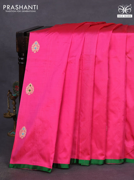 Banarasi katan silk saree pink and green with zari woven buttas and piping border